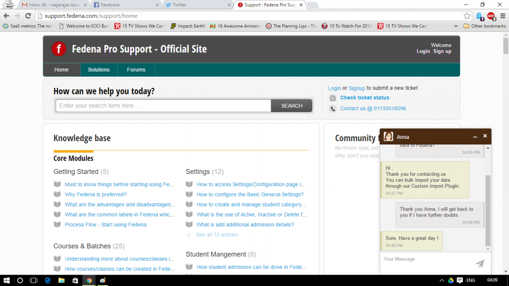 Fedena school ERP support chat screenshot